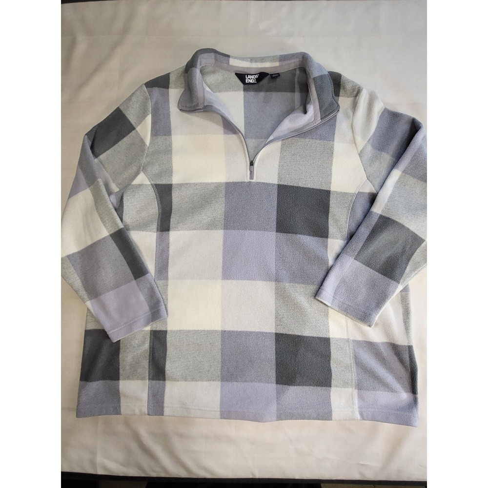 Lands' End Womens 2X Grey White Buffalo Plaid Fleece Quarter Zip Pullover